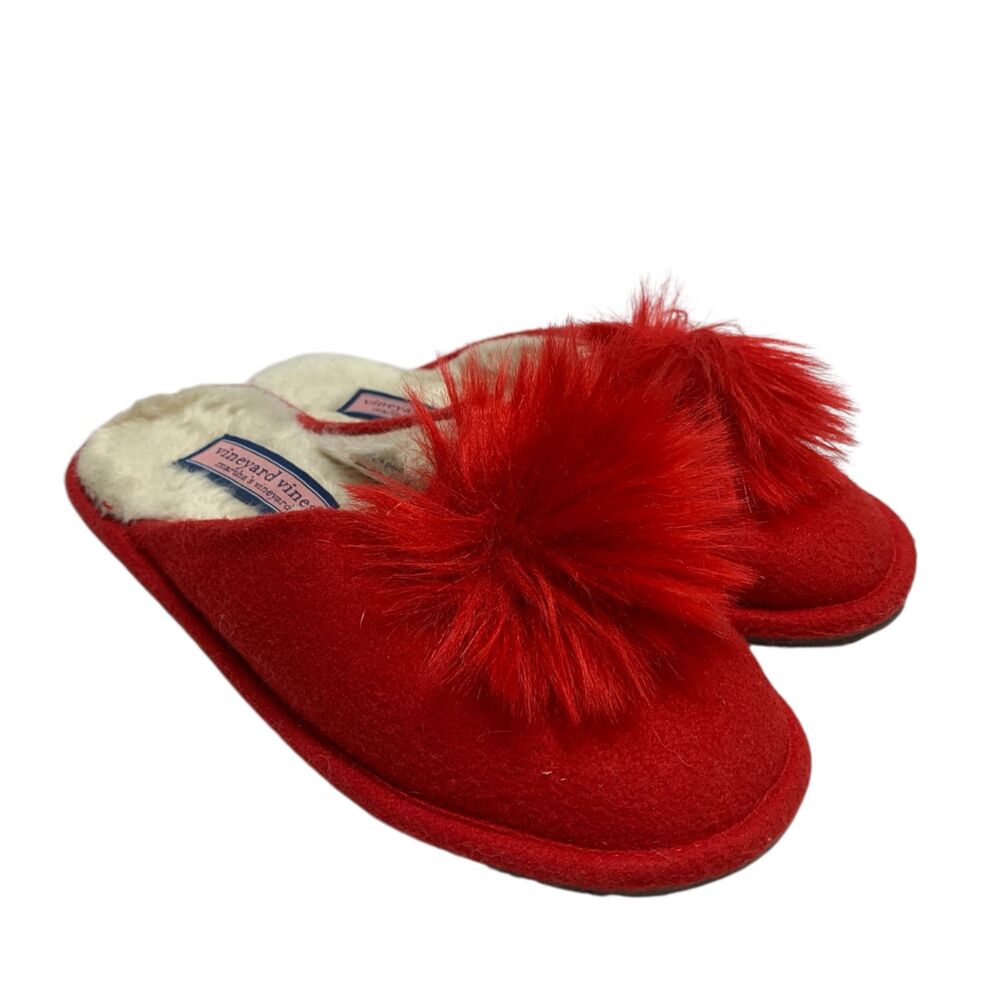 Vineyard Vines Pom Pom Slippers Slides Shearling Womens sz 7 House Shoes Travel